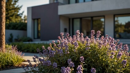 Light purple flowers near a modern house.