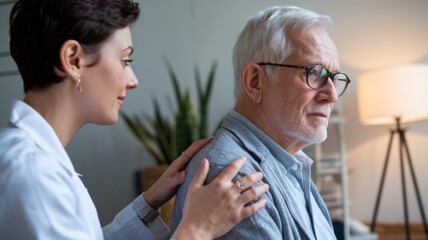 Obraz premium An empathetic scene in a well-lit medical office, with a female doctor in a white coat gently placing her hand on a patient's shoulder, offering comfort and reassurance. Generative AI