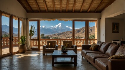 Fototapeta premium Light-filled living room in Wasi Basi style, with mountain views.
