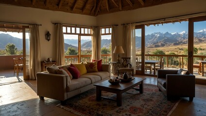 Fototapeta premium Light-filled living room in Wasi Basi style, with mountain views.