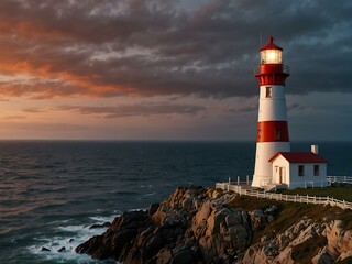Fototapeta premium Lighthouse guiding innovation on a rocky shore.