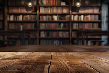 Product display on modern library background with empty wooden table.