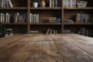 Product display on modern library background with empty wooden table.