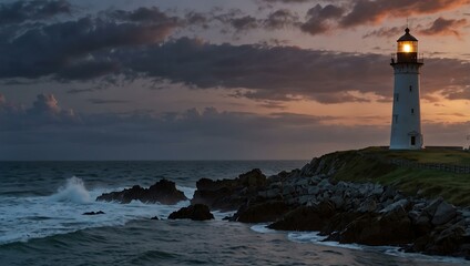 Obraz premium Lighthouse on a dramatic shore at dusk.