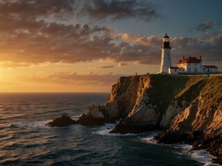 Lighthouse on sunset-lit cliff and sea.