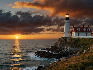 Fototapeta premium Lighthouse on sunset-lit cliff and sea.