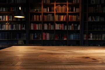 Product display on modern library background with empty wooden table.