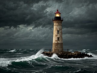 Lighthouse standing resilient against a stormy backdrop.