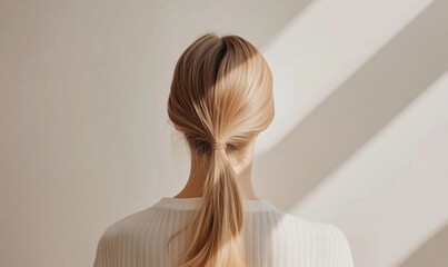 Blonde hair tied back, soft light, minimalistic background, woman seen from behind, elegant hairstyle, natural beauty