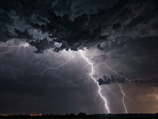 Lightning strike during a thunderstorm, illuminating the sky.