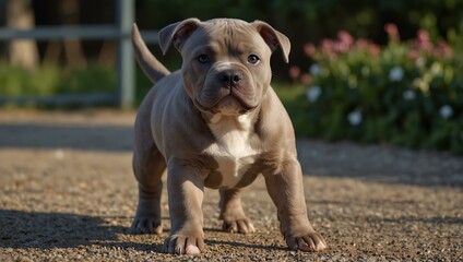 Fototapeta premium Lilac-colored American Bully puppy walking.
