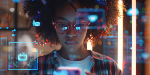 Fototapeta premium girl uses social media via smartphone application icons Generative AI