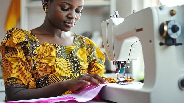 Fashion Designer Creating Garment with Ankara Fabric in Workshop