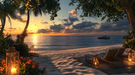 トロピカルビーチの夕暮れリゾートラウンジ