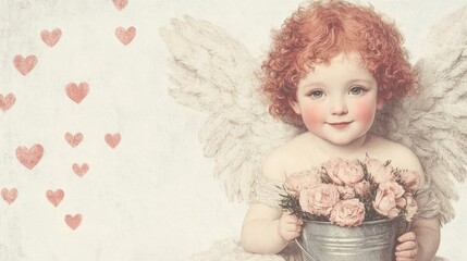Fototapeta premium A cherubic figure with curly red hair holds a bucket of pink roses, surrounded by hearts, AI