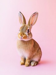 Obraz premium Adorable bunny sitting on a pink background. AI.