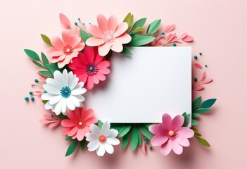 Ein weißer leerer Rahmen, umgeben von rosa und weißen Blumen sowie grünen Blättern, auf einem zarten rosa Hintergrund. Ideal für Grußkarten. Generative KI.