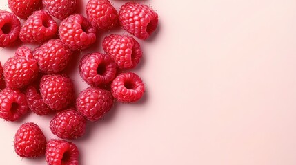 A corner of a pale pink background with juicy raspberries, focusing on their vibrant texture and fiber content, with plenty of space for text.
