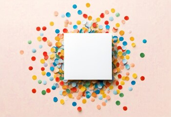 Ein lebendiges Design mit einer wei&szlig;en Karte, umgeben von buntem Konfetti auf rosa Hintergrund. Perfekt als Mockup f&uuml;r Geburtstags- oder Feierkarten. Generative KI.
