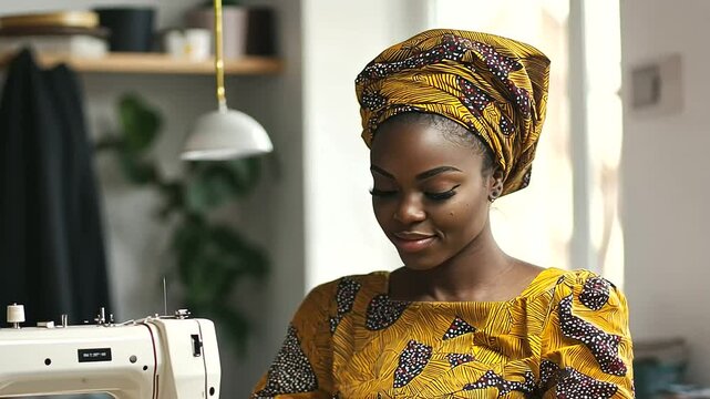 Fashion Designer Sewing Vibrant Ankara Fabric in Workshop