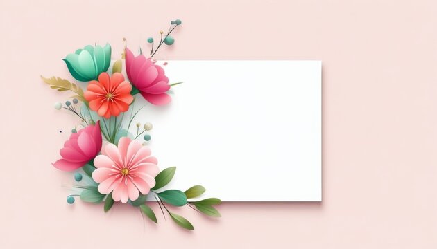 Eine zarte Gru&szlig;karte mit einem wei&szlig;en Textfeld, umrahmt von rosa, t&uuml;rkisen und korallfarbenen Bl&uuml;ten sowie gr&uuml;nen Bl&auml;ttern, auf einem pastellrosa Hintergrund. Perfekt f&uuml;r Gl&uuml;ckw&uuml;nsche. Generative KI