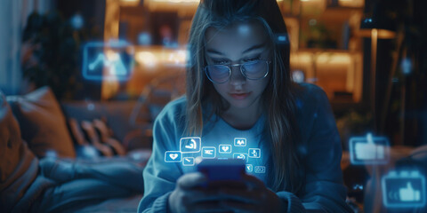 girl uses social media via smartphone application icons Generative AI