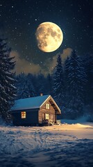 Fototapeta premium Magical snowy evening highlighting house under full moon glow image