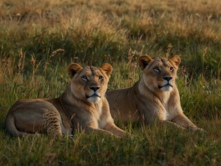 Fototapeta premium Lion pride relaxing in tall grass, AI-generated.