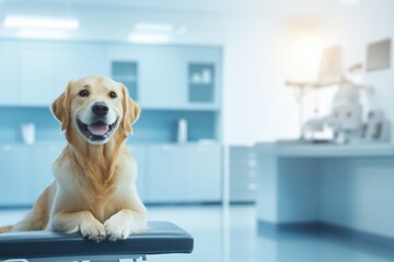 A joyful dog sits calmly on the examination table in a bright, modern veterinary clinic, ready for a check-up with caring staff. Generative AI