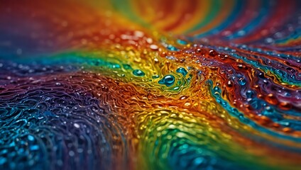 Obraz premium Liquid crystals morphing into rainbow-colored waves over glass.