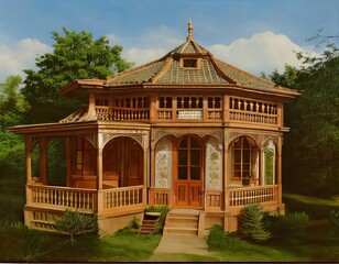 Obraz premium Colorful miniature fairytale cottage with flowers and garden in a sunny day