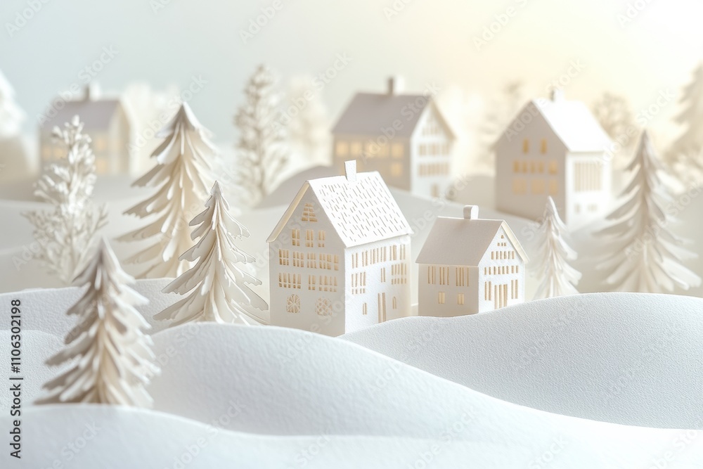 Poster a charming display features intricately cut paper buildings and trees, creating a serene winter vill