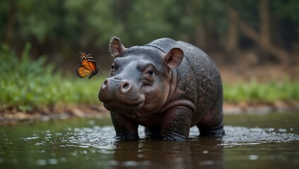 Fototapeta premium Little hippopotamus with a butterfly on its head.