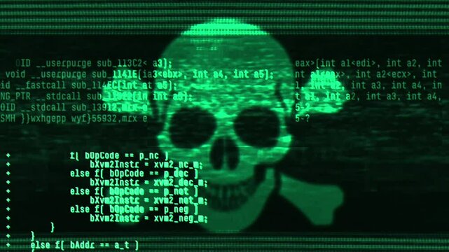 Abstract digital glitch effect with skull. Noise looped background for hacked mobile phone screen. Error signal loop. Virus code and software hack concept. Cyber security