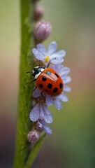 Little red ladybug on spring flowers, macro shot.