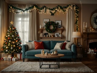 Obraz premium Living room decorated with garlands for Christmas Eve.