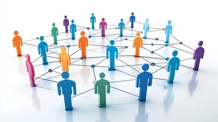 This image showcases colorful figures connected by lines against a cityscape silhouette, symbolizing the fusion of real-world and virtual interactions through social media