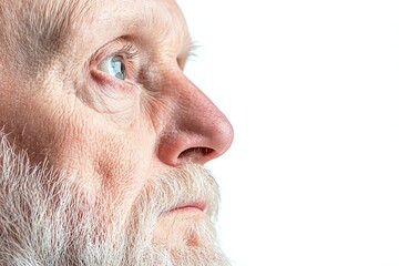 Obraz premium A close-up profile of an elderly man with a thoughtful expression, showcasing his wrinkles and beard against a plain white background, symbolizing wisdom and experience.