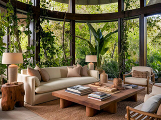 Spacious living room with high ceilings natural finishes and an open-plan design for relaxed gatherings.
