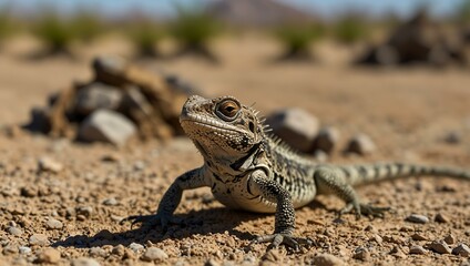 Obraz premium Lizard with a beetle on its head, in a desert landscape.