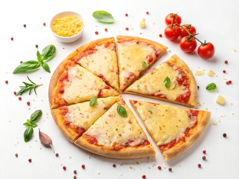 Margherita pizza with fresh basil and melted cheese on a white background