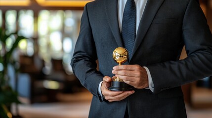 Elegant Man Holding Golden Trophy in Upscale Interior Setting