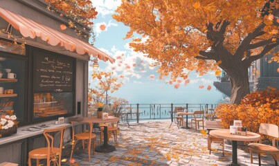 A cafe with a clear sky, nice weather, and autumn vibe