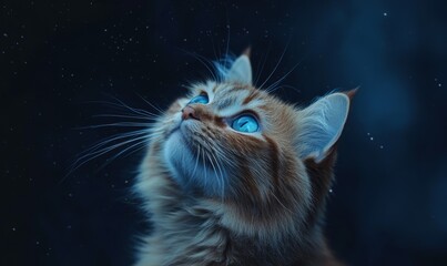 A close-up of a cat with bright blue eyes, gazing upwards against a dark background
