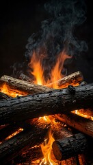 Naklejka premium Log burning with intense orange flames in dark smoky surroundings.