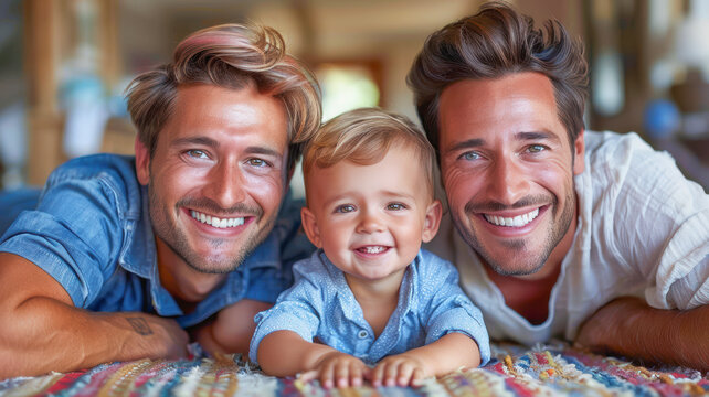 Smiling gay couple with child. Gay couple holding adoptive daughter's hand, adoption concept
