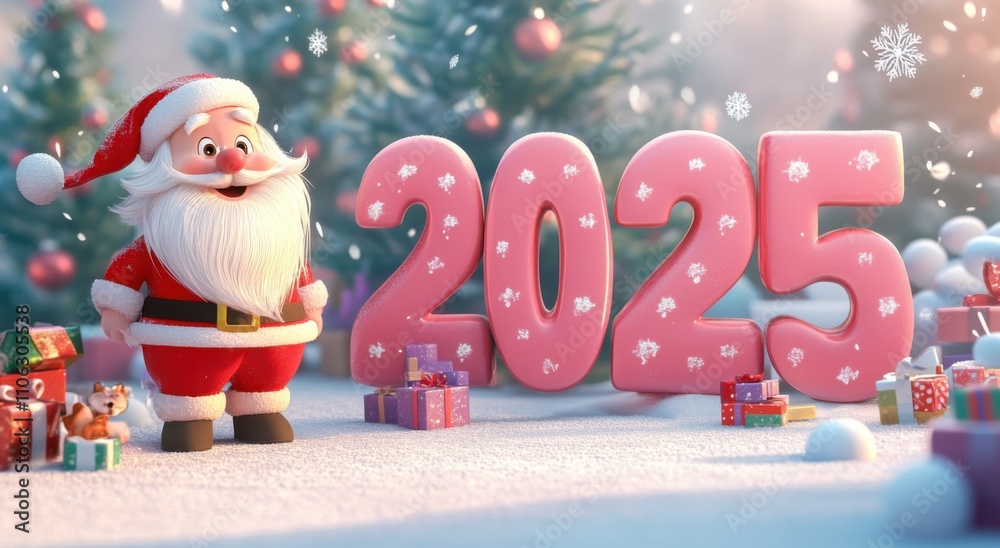 Poster a large pink number 2025 with a christmas tree in the background and a smiling santa claus holding p
