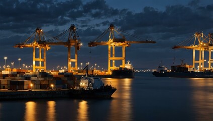 Fototapeta premium Logistics quay with boats at twilight, engineering cranes at a shipping terminal.