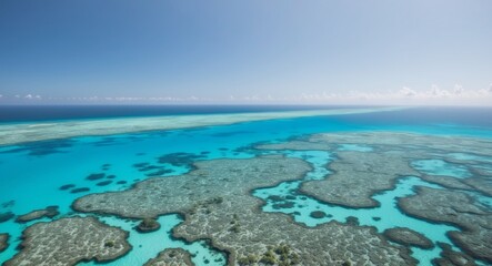 Obraz premium Expansive coral reef system with bright turquoise waters aerial.