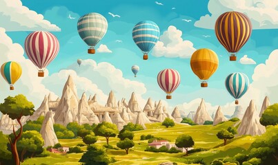 Obraz premium Hot air balloons soaring over scenic landscape, vibrant colors, majestic mountains, lush greenery, clear blue sky, whimsical clouds